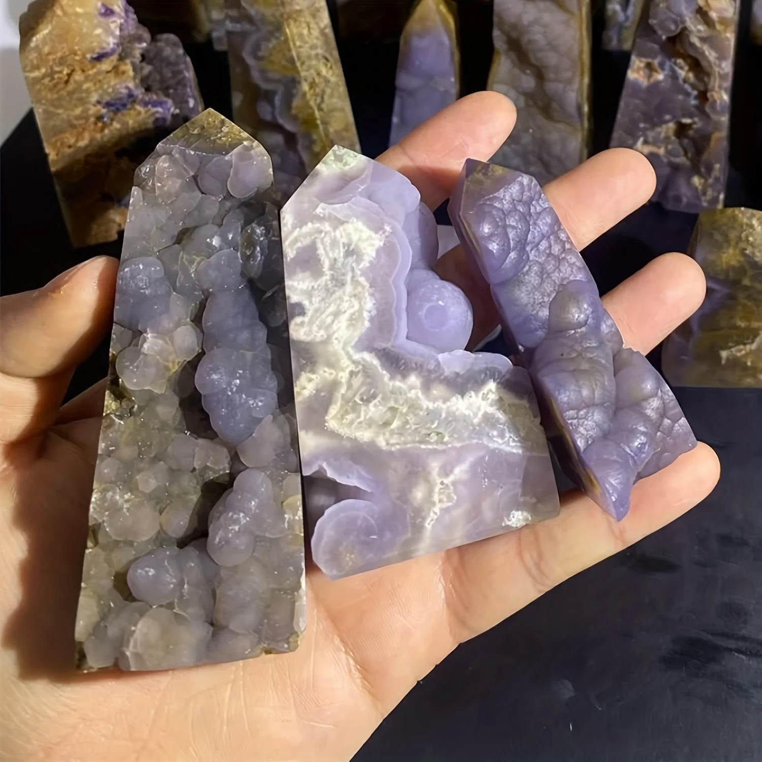 Amethyst Grape Agate Tower with Grape-shaped Chalcedony Tips - Smooth Polished Crystal Stone, Suitable for Home/Office Decor