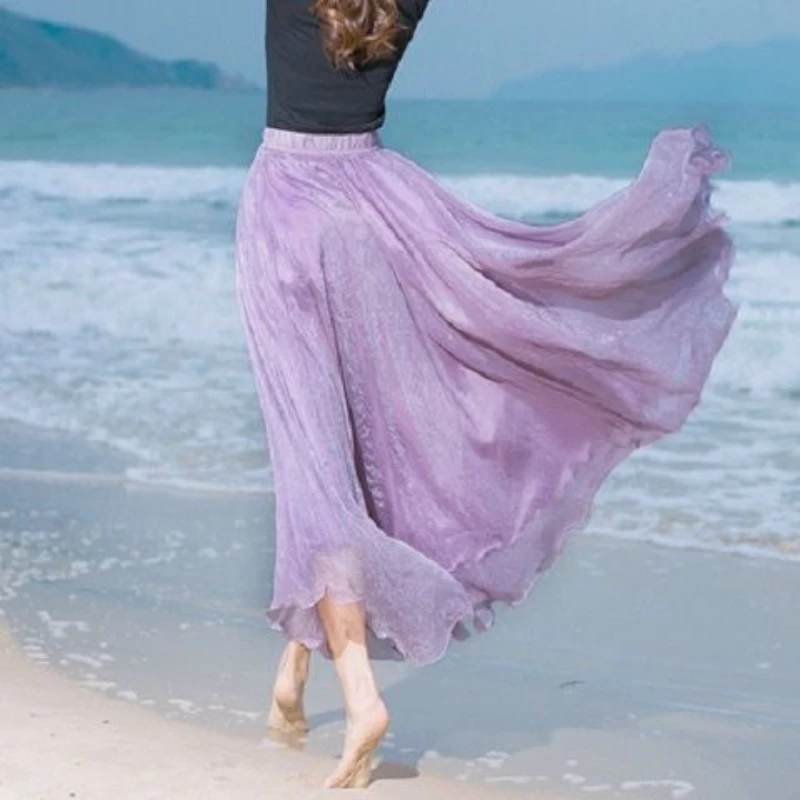 Women Skirts New 2026 Summer Elastic waist Elegant Seaside Holiday Bohemian Long Skirt Big Chiffon Beach Femme