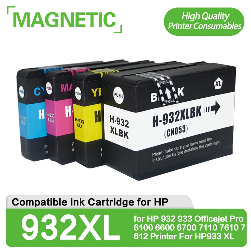 4X Magnetic Compatible Ink Cartridges for HP932 for HP 932 933 Officejet Pro 6100 6600 6700 7110 7610 7612 Printer For HP933 XL