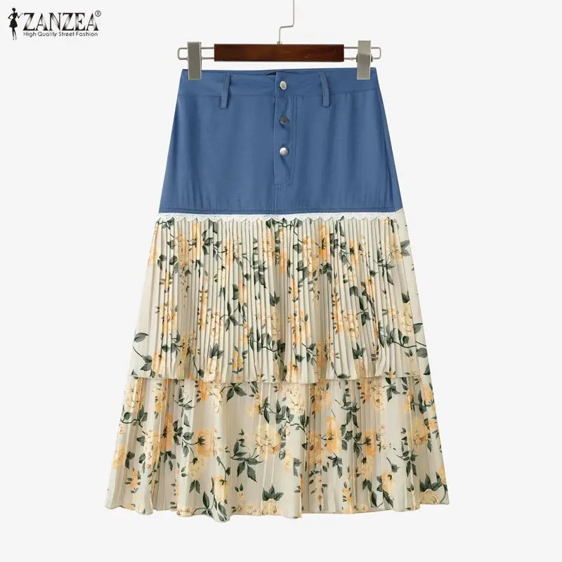 

Женская элегантная плиссированная юбка ZANZEA из денима, кружева и ткани с цветочным принтом, А-силуэт, миди, весенняя, повседневная, с многослойными деталями, Jupes Femme