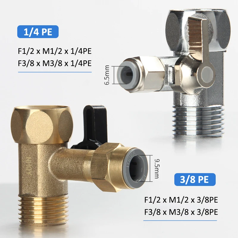 Válvula de Esfera PE Tubo de Purificador de Água, Liga de Cobre, Plástico 3-Way Adapter, Tap Connector, Acessórios de Hardware, 3/8 \