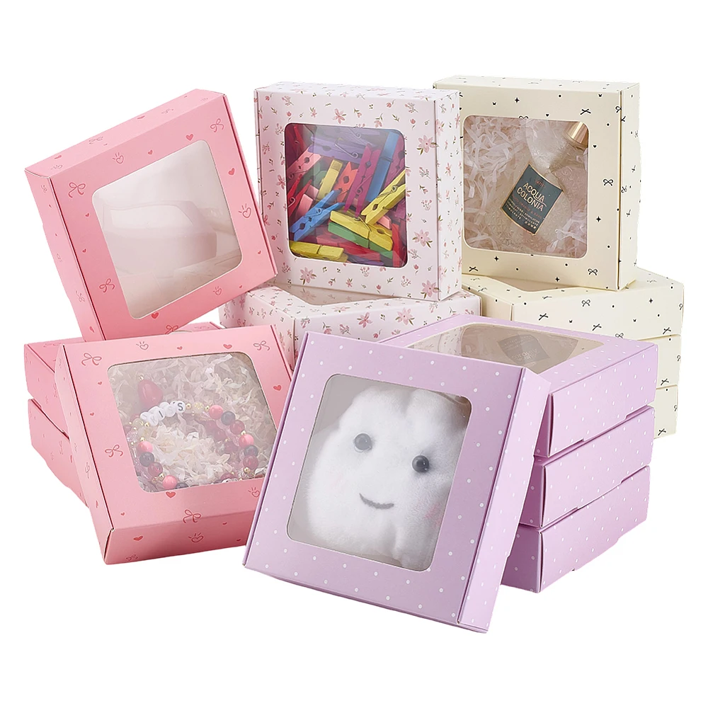4 Styles Gift Boxes 16pcs Kraft Paper Boxes Square Sweet Box with Clear Window Small Party Favor Box for Cookie Wedding