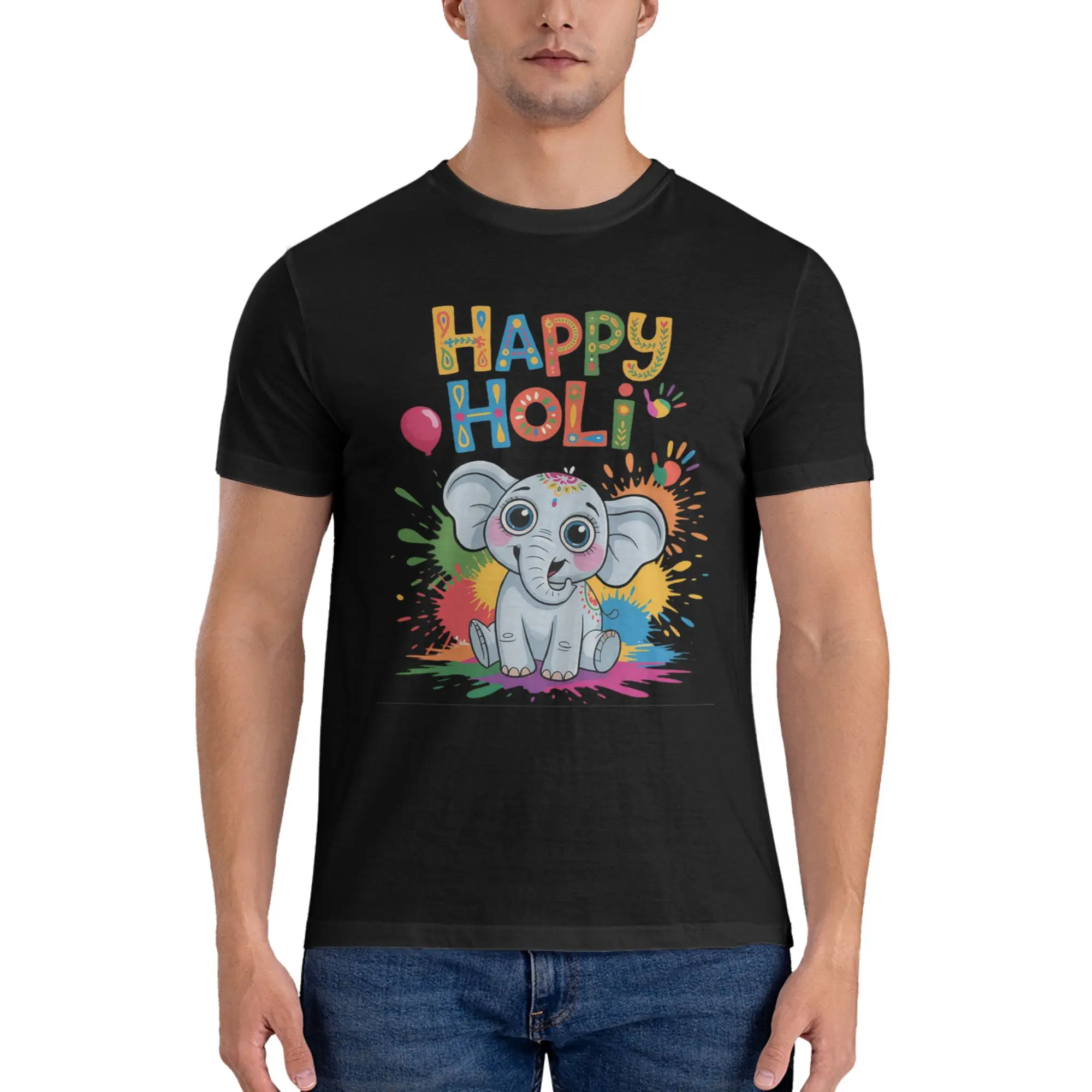 

Happy Holi Festival India Color Elephant Hindu T-Shirt for Men Cotton T Shirts Men Short Sleeve O-Neck Summer Clothes Tops S-6XL