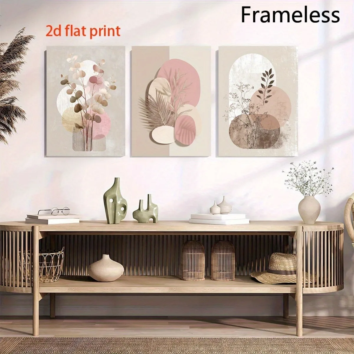 2D Flat, 2D Flat, Frameless, 3pcs Set, Pink Abstract Geometric Floral And Botanical Decorative Painting; Stylish Color-Blocke