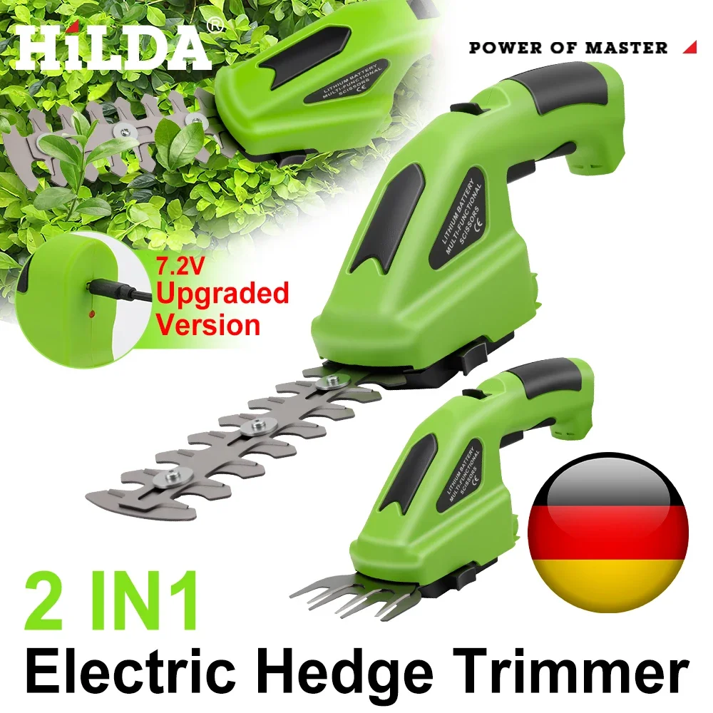 HILDA 2-in-1 Handheld Hedge Trimmer Electric Grass Trimmer Lightweight Shrub Trimmer Green Garden Bush Trimmer Cordless