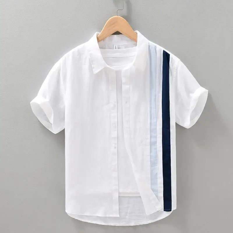 2024 Summer Minimalist Casual Loose Oversize Fashionable Lapel Color Blocking Patchwork Versatile Short Sleeved Shirt for Men