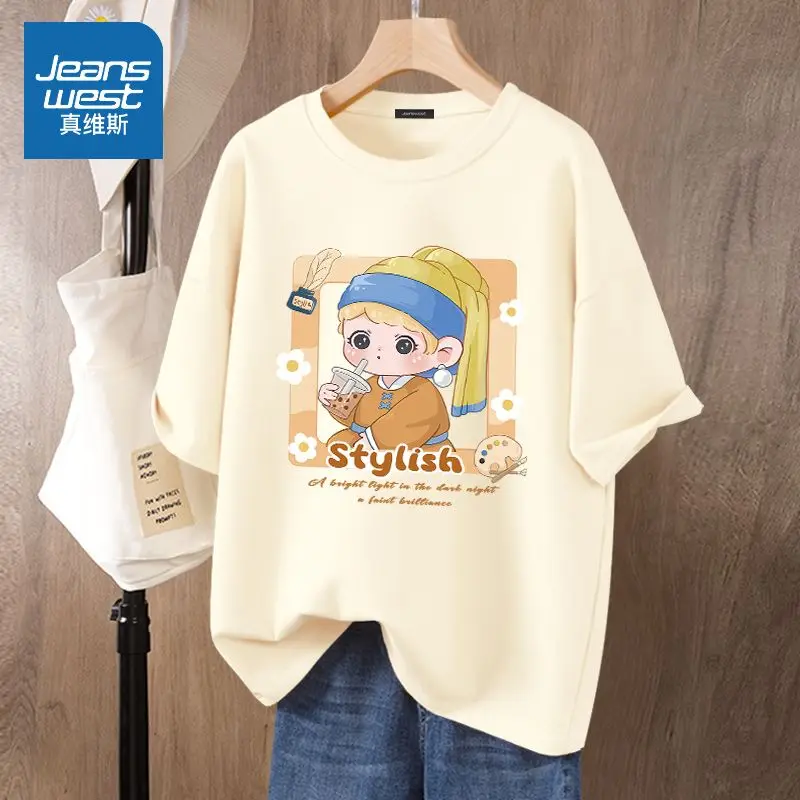 

Summer Short Sleeve Cartoon Printed Pure Cotton Crew Neck Tee Shirt Lady Simple Basics Tops Women Loose Casual Pullover M-6XL