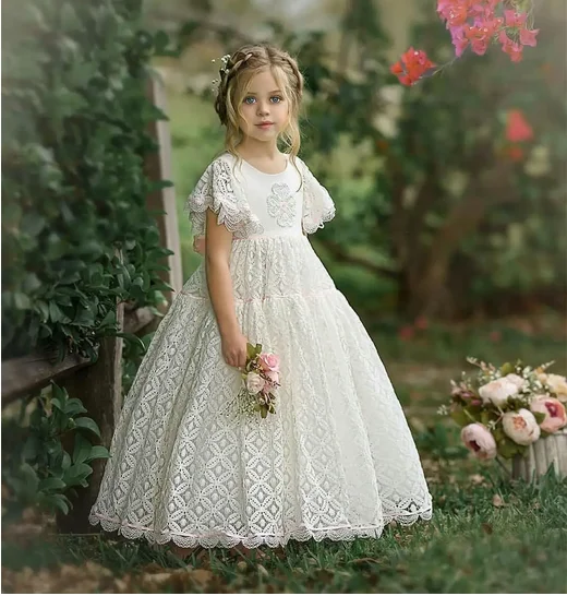 Vestidos de encaje blanco para niña, vestido de princesa para fiesta de bodas, primera comunión, ocasión especial, vestido de desfile