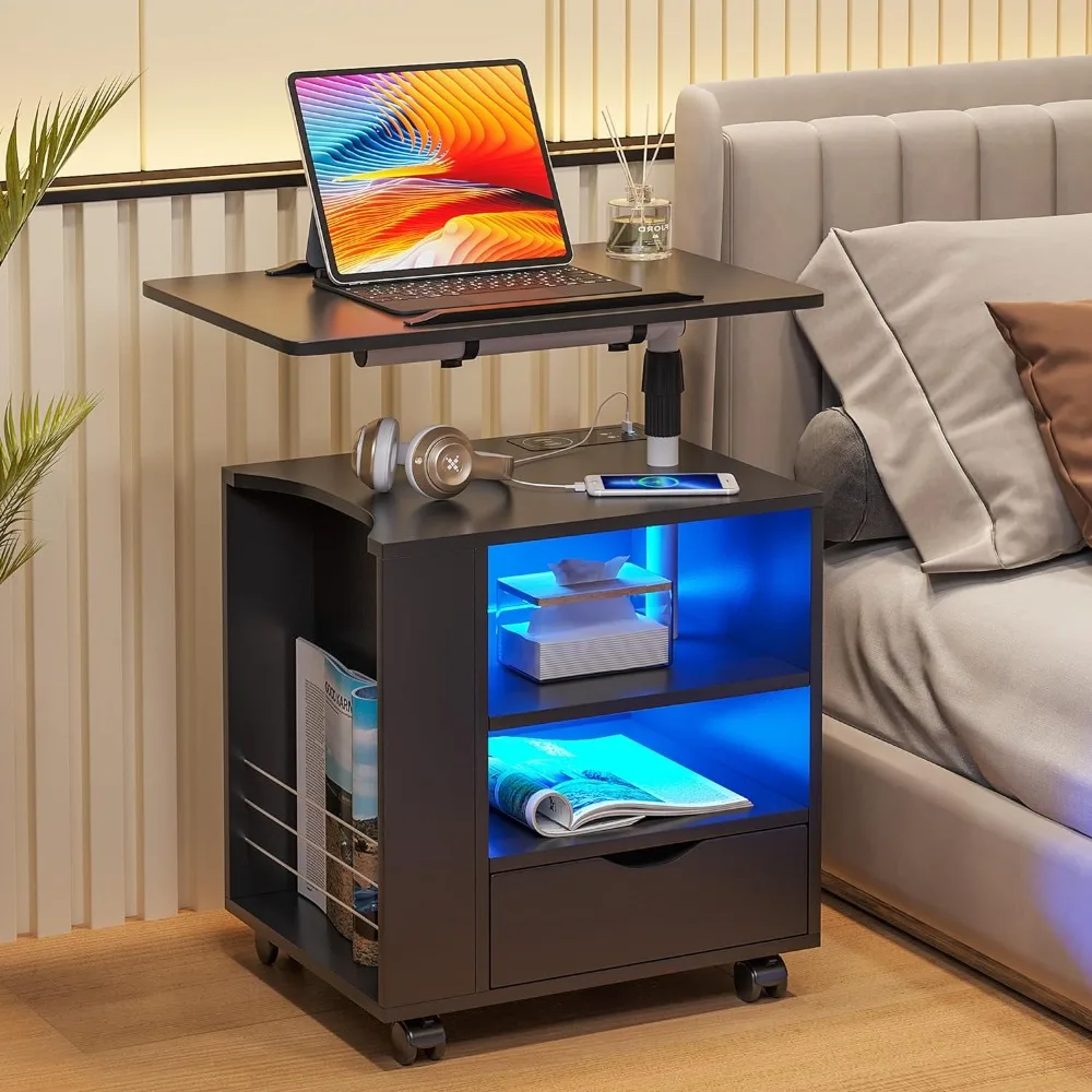 LED Nightstand with Wireless Charging Station, Nightstand Has Adjustable Rotary Table, Tables with One Drawer and 2 Mezzanines