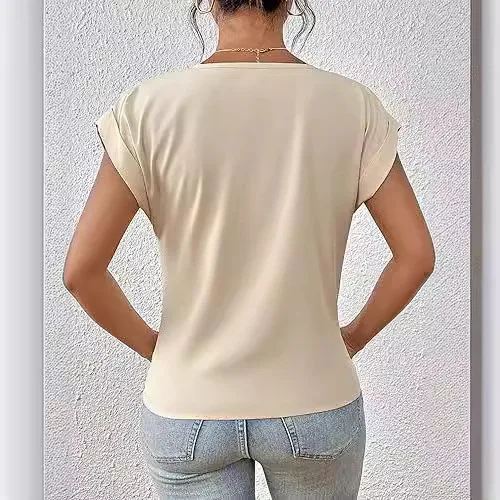 2025年新作 無地VネックTシャツ エレガント シンプル 半袖トップス 春夏 レディース