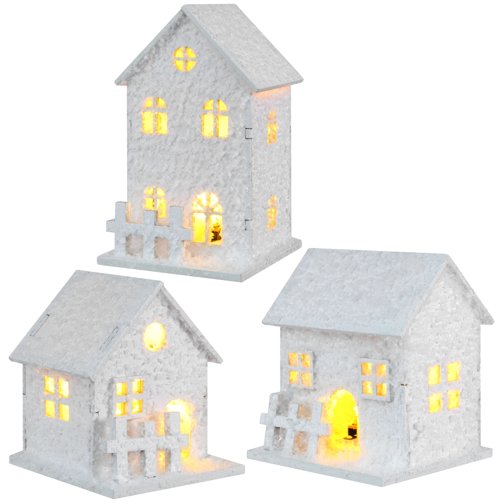

3pcs Mini Wooden Snowflake House Christmas Decor White Glow Cabin for Xmas Tree Adorn Holiday DIY Party Craft