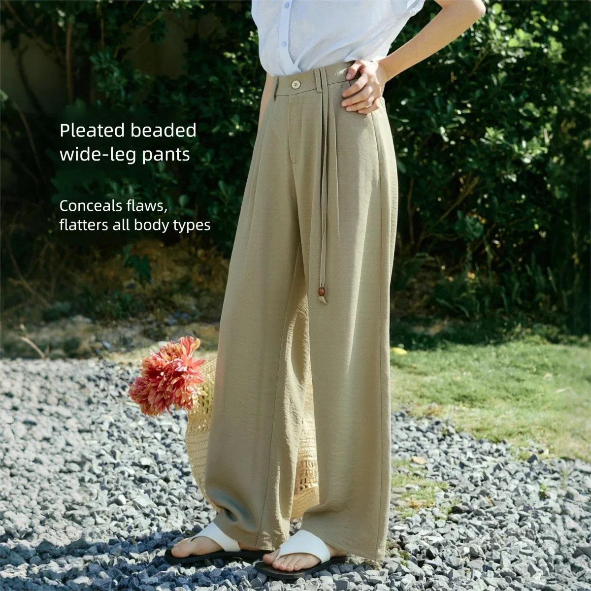 OLrain Versatile Pleated Beaded Strap Wide Leg Pants 2026 Summer Office Casual Loose High Waist Straight Trousers O58XK006391