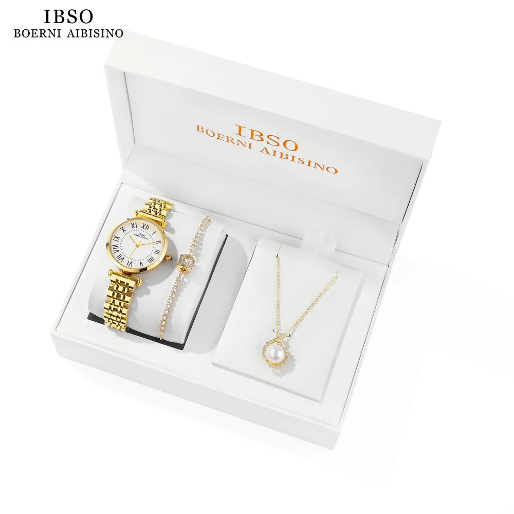 

IBSO 2023 NEW Arrival Women Watch Set Simple Dial Quartz Movement Stainless Steel Strap Pearl Necklace Zircon Bracelet Watches