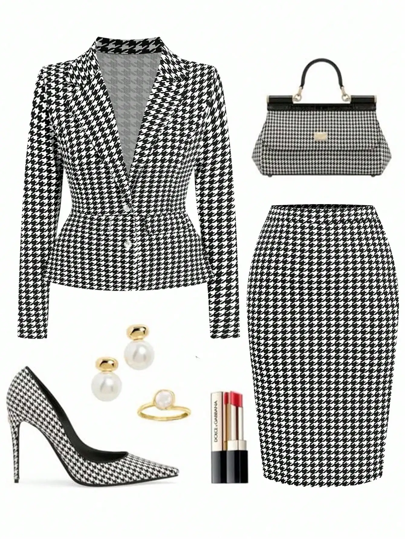 

Houndstooth Print Women's Single-Breasted Blazer and Pencil Skirt Set, Business Casual Office Wear