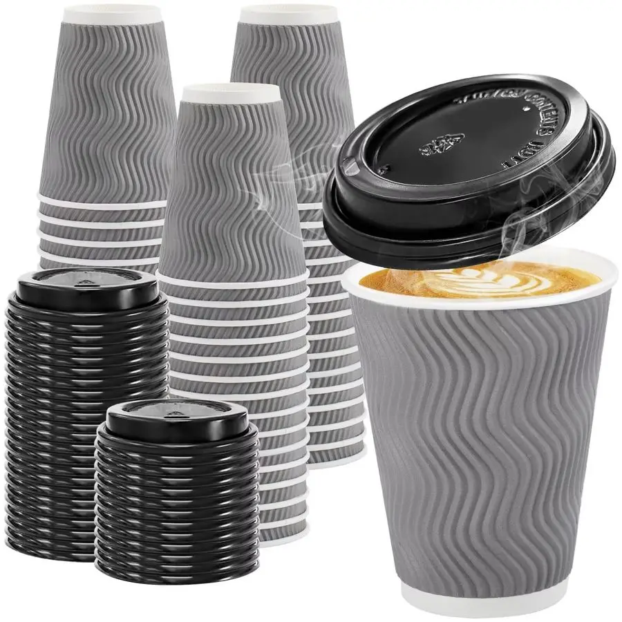 

Pack 12 oz Disposable Coffee Cups with Lids, Insulated Ripple Wall ToGo Paper Coffee Cups Suitable for Chocolate Cocoa and Hot C