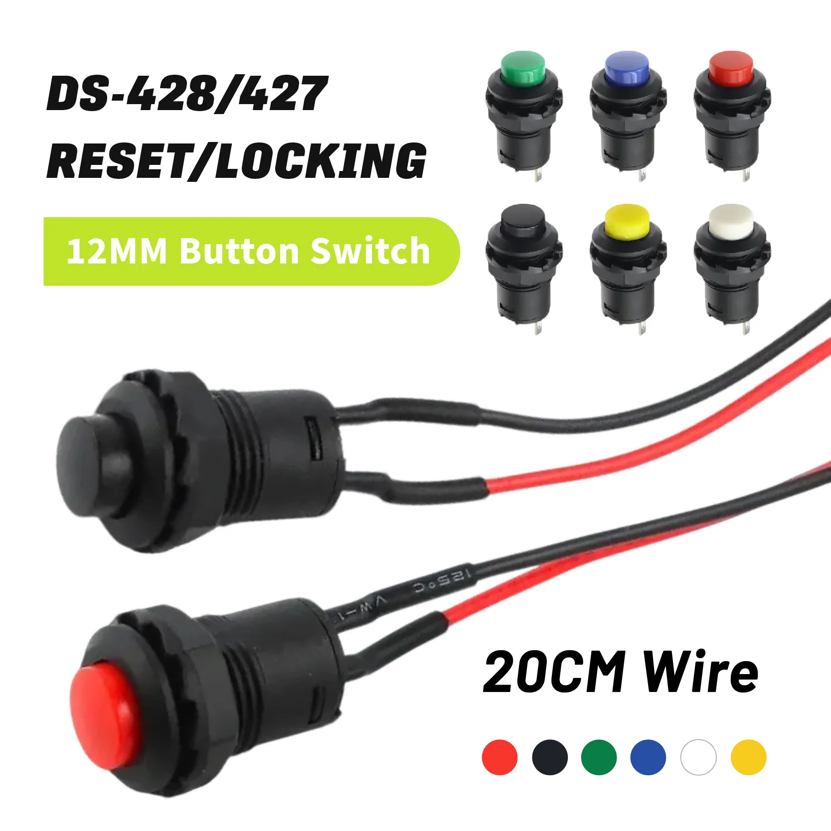 

5PCS DS-427 DS-428 with Cable 20CM Self-locking Self-reset Momentary Minitype Push Button Switch 12MM 6 Colors