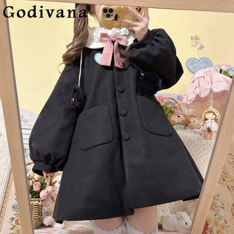 

Japanese Style Girls Sweet Cute Coat Women's Doll Collar A Line Woolen Coat Female Autumn Winter Bow Collar Princess Coat