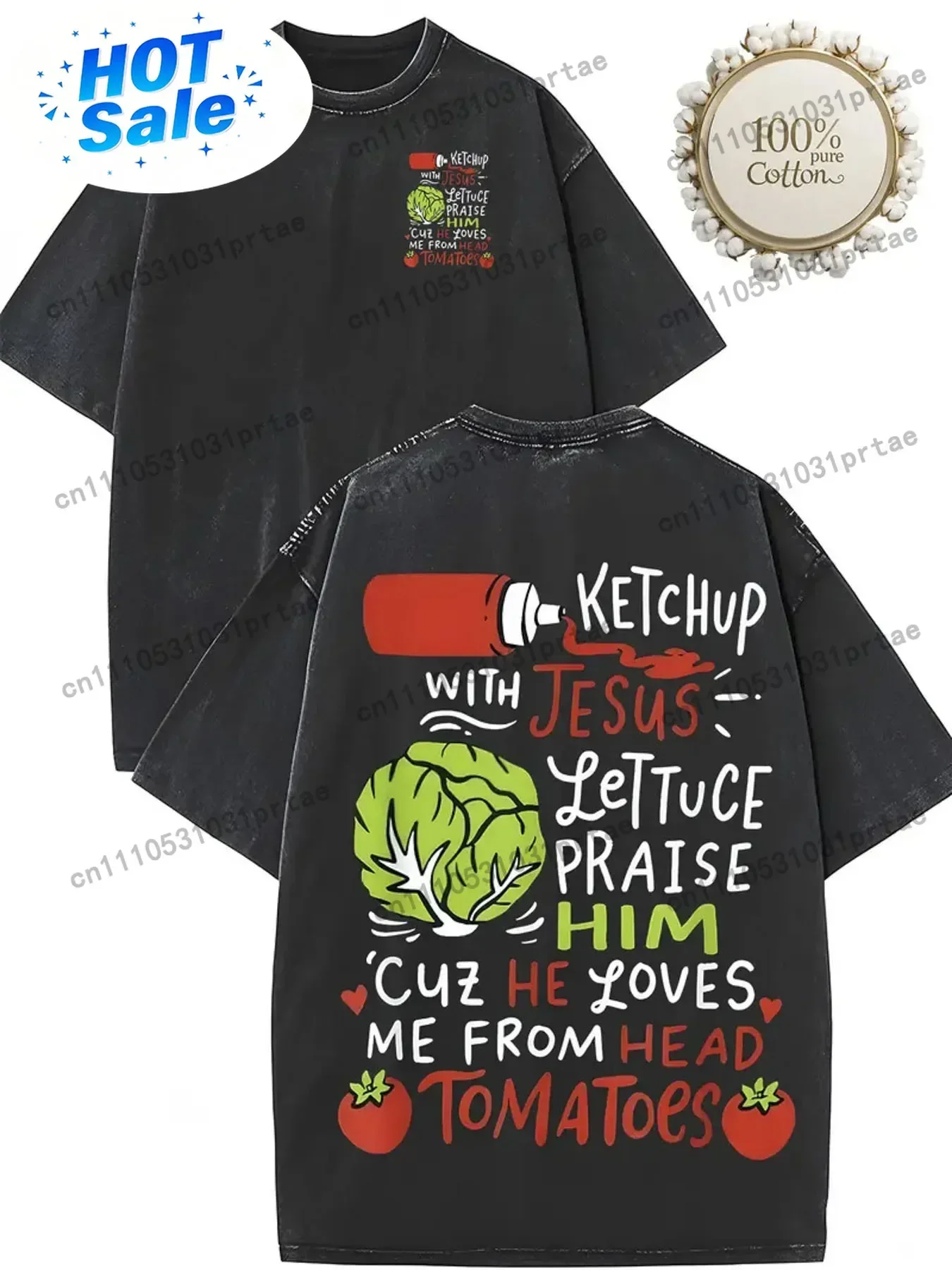 Wash 230G Double-Sided Tomato Sauce Printed T-Shirt with Jesus, High-Quality Wax Printed Cotton Retro Fashion Brand T-Shir Black