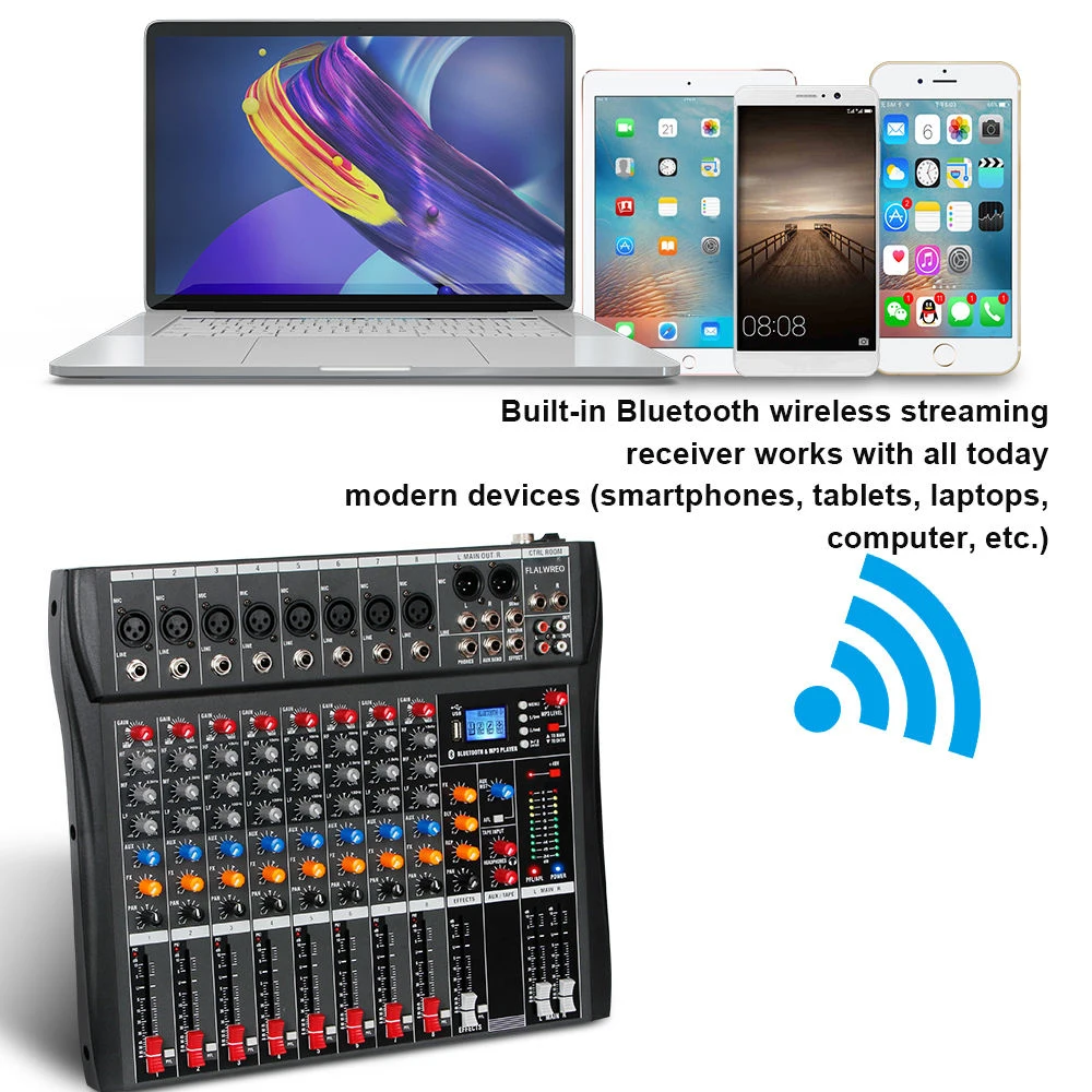 FLALWREO Audio Mixer 6/8/16 Channels Professional DJ mixer +48V Phantom USB Interface Audio Mixer