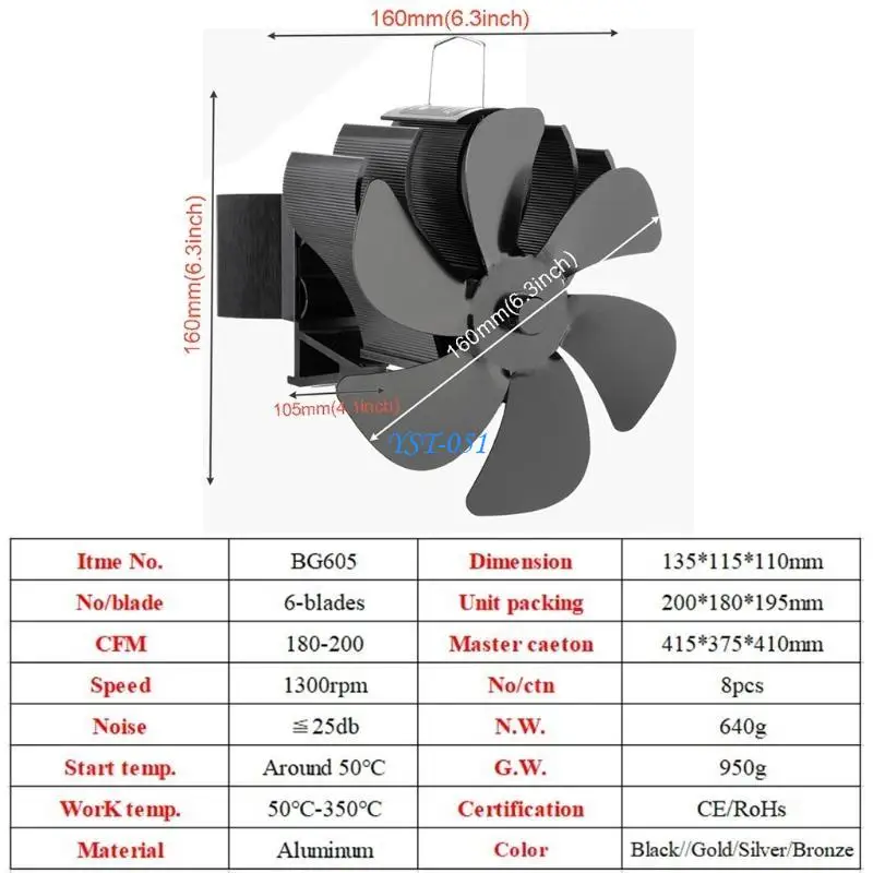 E15A صديقة للبيئة الموقد مروحة تعمل بالطاقة الحرارية موقد موقد الخشب مروحة لحرق الخشب صيانة هادئة تفريق الهواء الدافئ