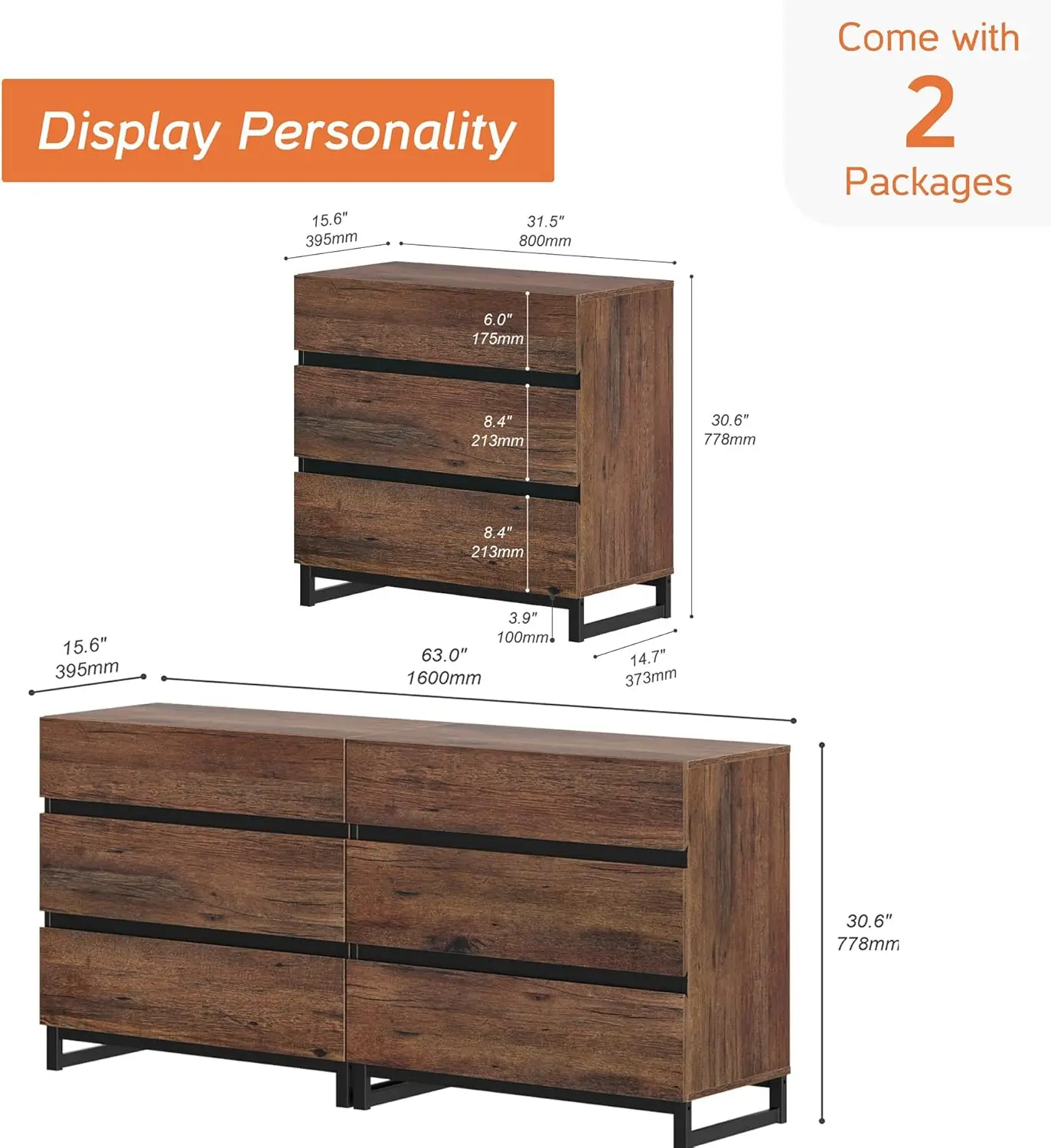 Dresser for Bedroom, Modern Wooden Chest , 6-Drawer Storage and Closet Organizer for Living Room, Hallway, or Entryway, Brown