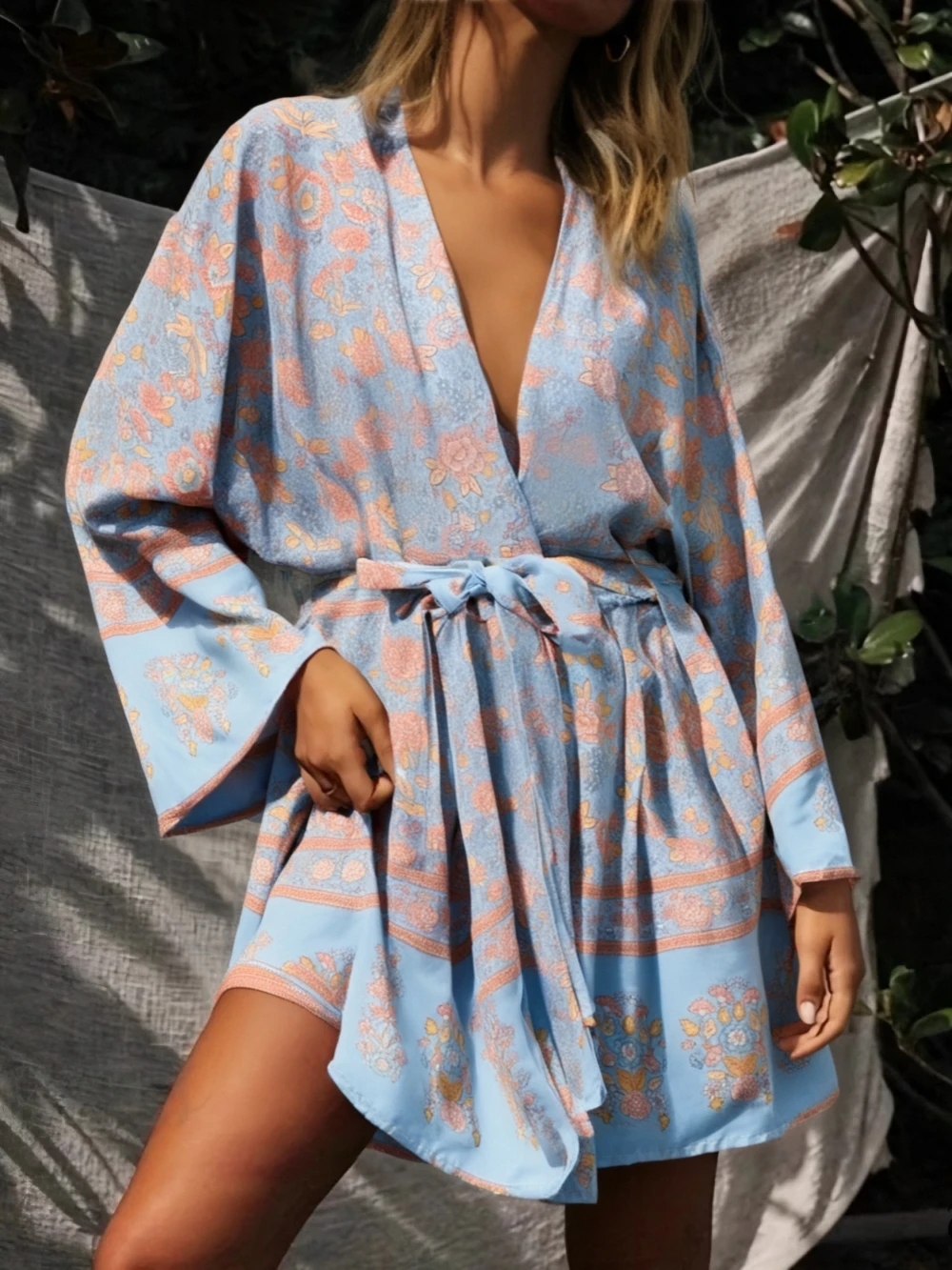 Multi Floral Print Sashes Kimono Women V Neck Batwing Sleeves Happie Bohemian Short Robe  Beach Boho Bikini Cover-ups