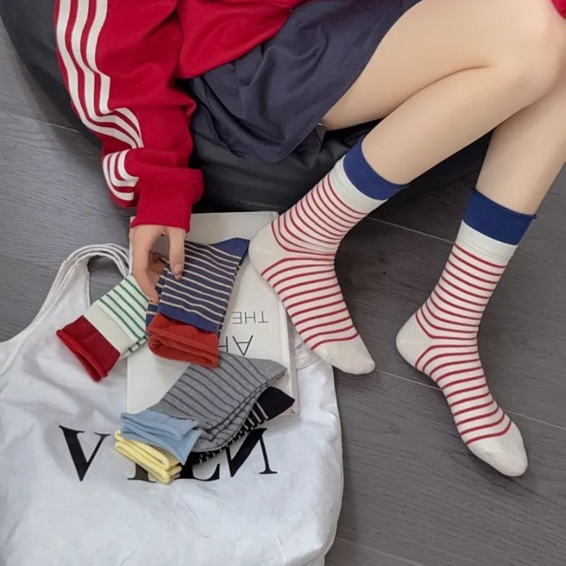 Striped Socks Women Autumn and Winter New Contrasting Color Women's Socks Breathable Cotton Casual Streetwear Medium Tube Socks