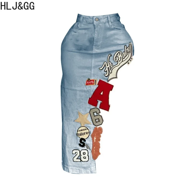 HLJ & GG mode broderie lettre irrégulière maigre Denim jupes femmes taille haute bouton poche Cowboy bas femme Streetwear