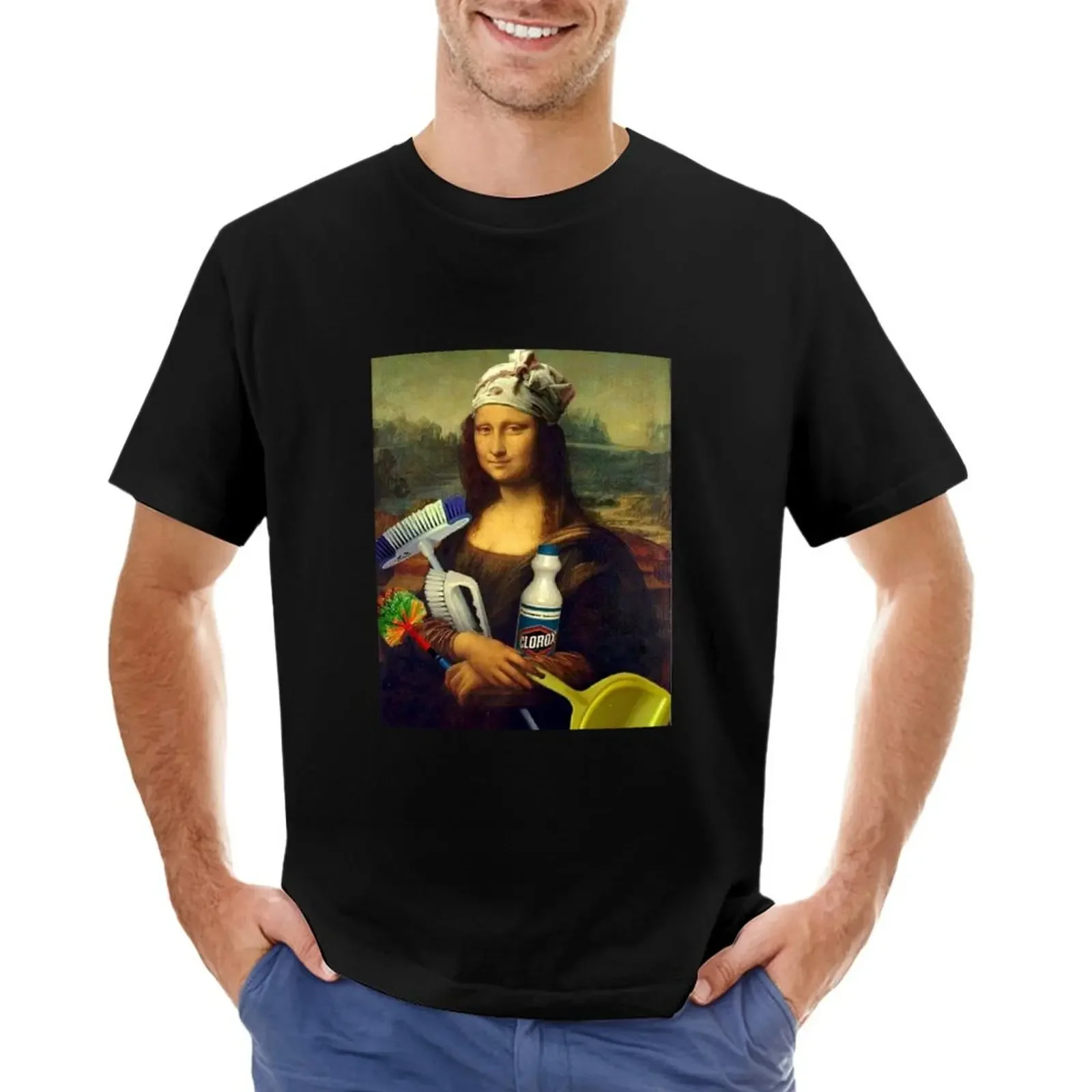 Funny Mona Lisa (Cleaner) - holding cleaning tools - Funny T-shirt tees boys whites mens graphic t-shirts pack