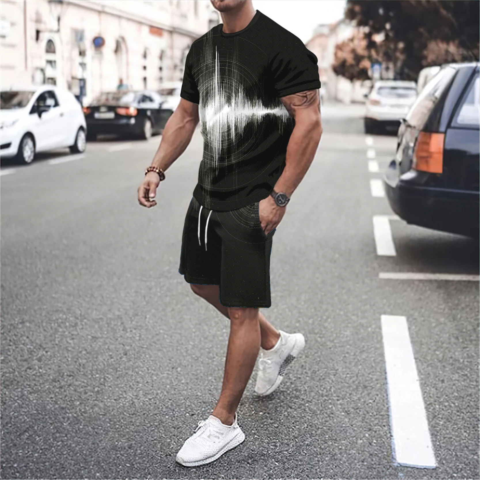 3D printed men\'s luxury T-shirt sportswear 2-piece set, sports short sleeved round neck, casual style, full set of clothing