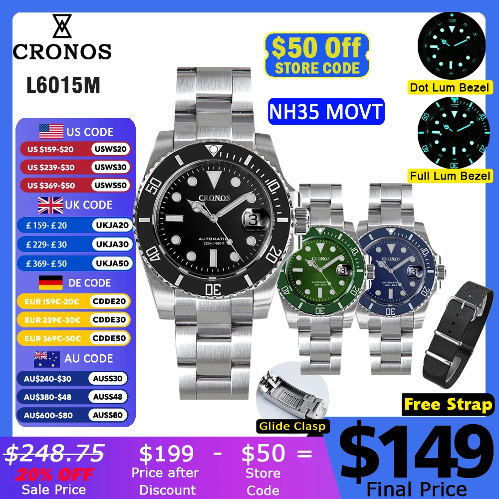 Cronos Sub Diver Men Watch With Date NH35 Brushed Bracelet Ceramic Bezel 20 ATM Glideclasp Sapphire Cyclops