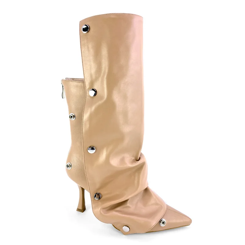2025 Women\'s New High Heels, Pointed Metal Rivets, Horse Hair Splicing, Two Wear Stacked Knee Size Fashion Banquet Boots