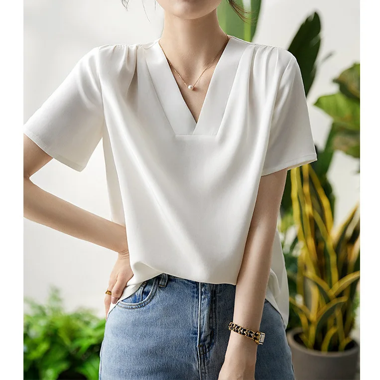 Light Luxury Elastic Heavy Crepe Silk T-shirt White Black Summer Women's Collar Small Top