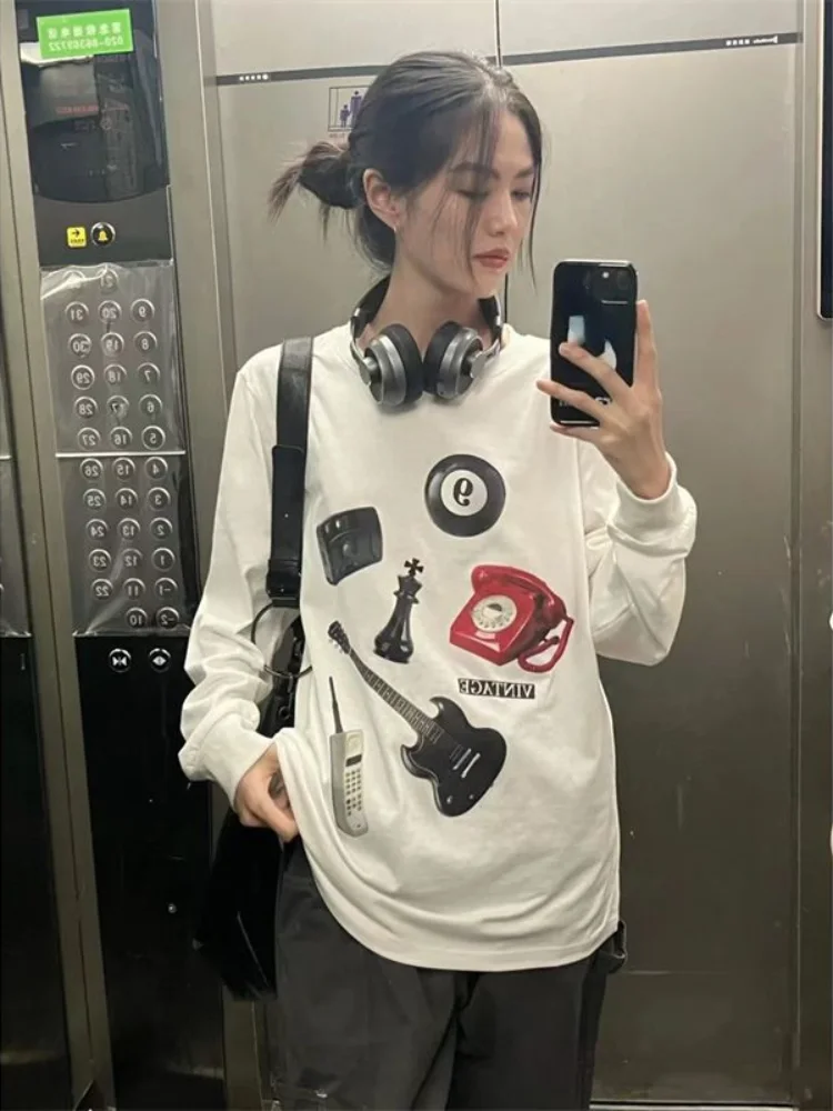 Loose Long Sleeve T-shirts All Match Casual Women Men Funny Print Basic O Neck Tpops Y2k Aesthetic Korean Fashion Harajuku Tees