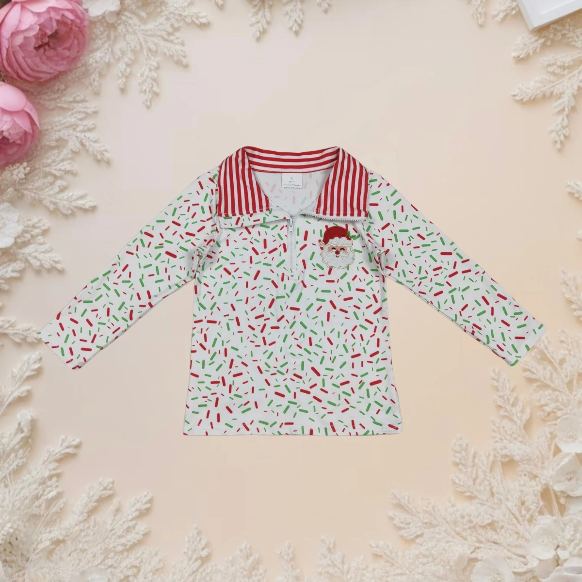 

Kids Christmas Long Sleeve Shirt Toddler Girls Santa Embroidery Top Holiday Outfit Cute Striped T-shirt for Winter Party Wear