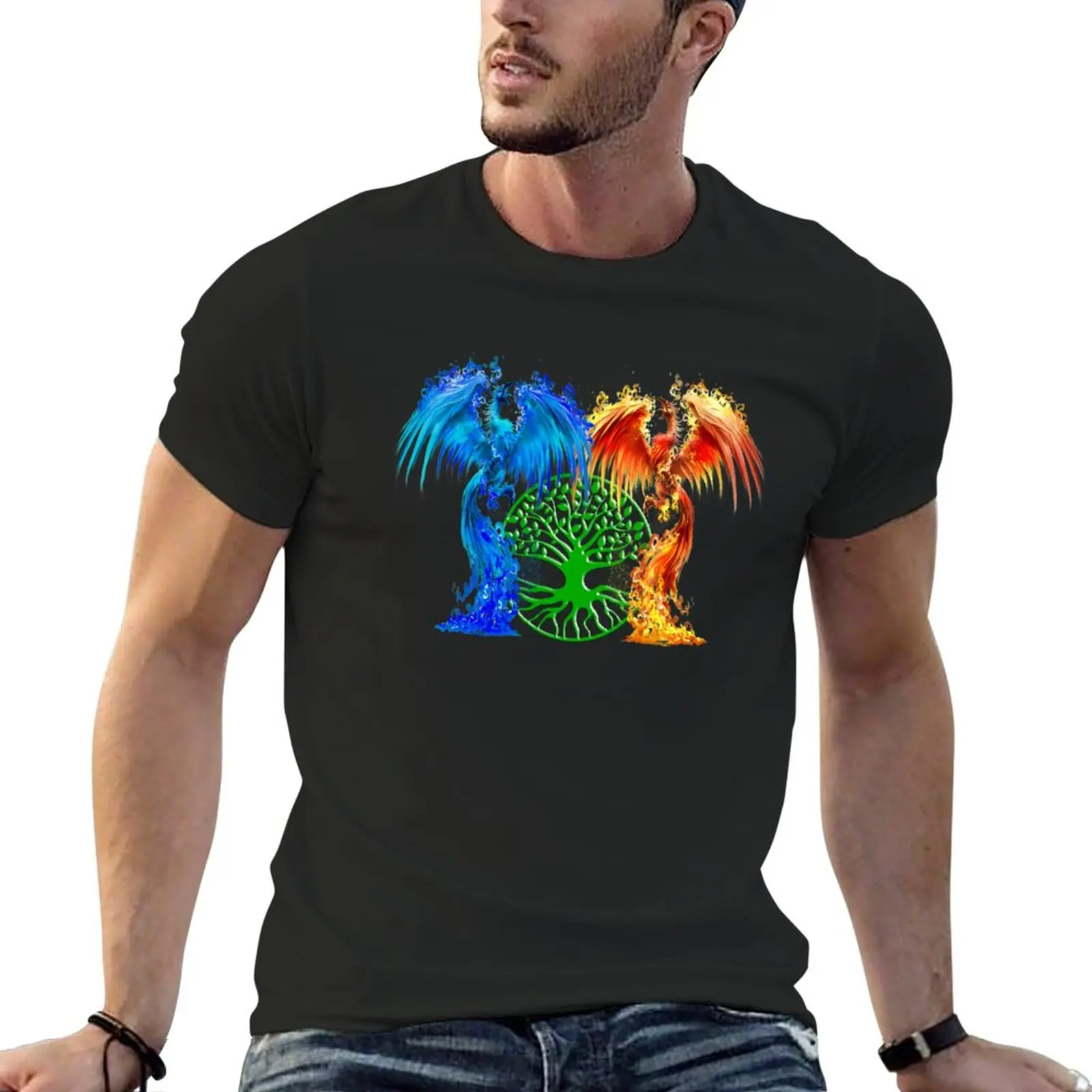 

Fantasy Fire And Ice Phoenix Green Tree Of Life T-Shirt customs blanks Men's t-shirts