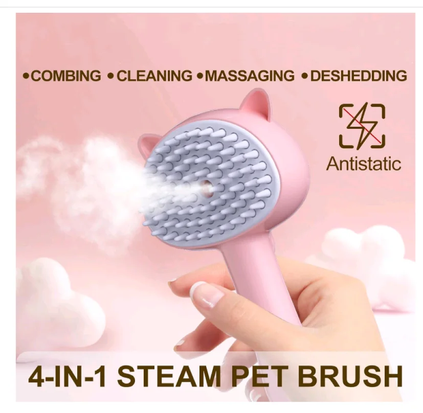 Cat Steam Brush for Shedding, 4 in 1 Steamy Cat Brush with Handle, Rubber Pet Misting Brush with Release Button(Pink)