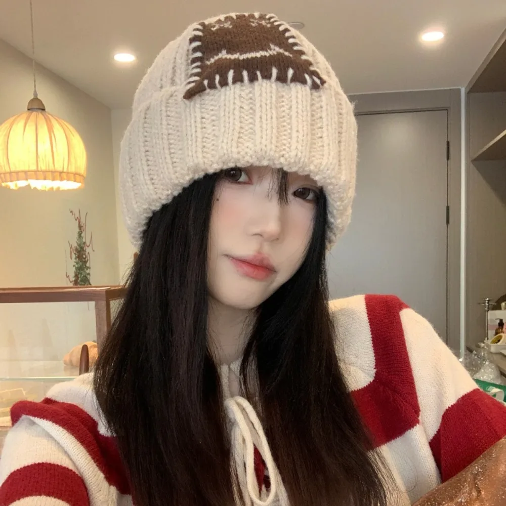 

Niche Design Face Patch Beanie Streetwear Soft Face Patch Hat Knitted Wool Hat Women's Fashion