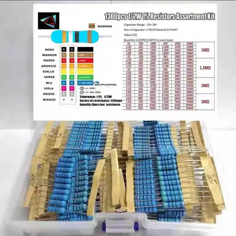 

1300pcs 1/2W 1% Precision Metal Film Resistor Kit, 130 Values 1Ω-3MΩ Through-Hole Assortment Set