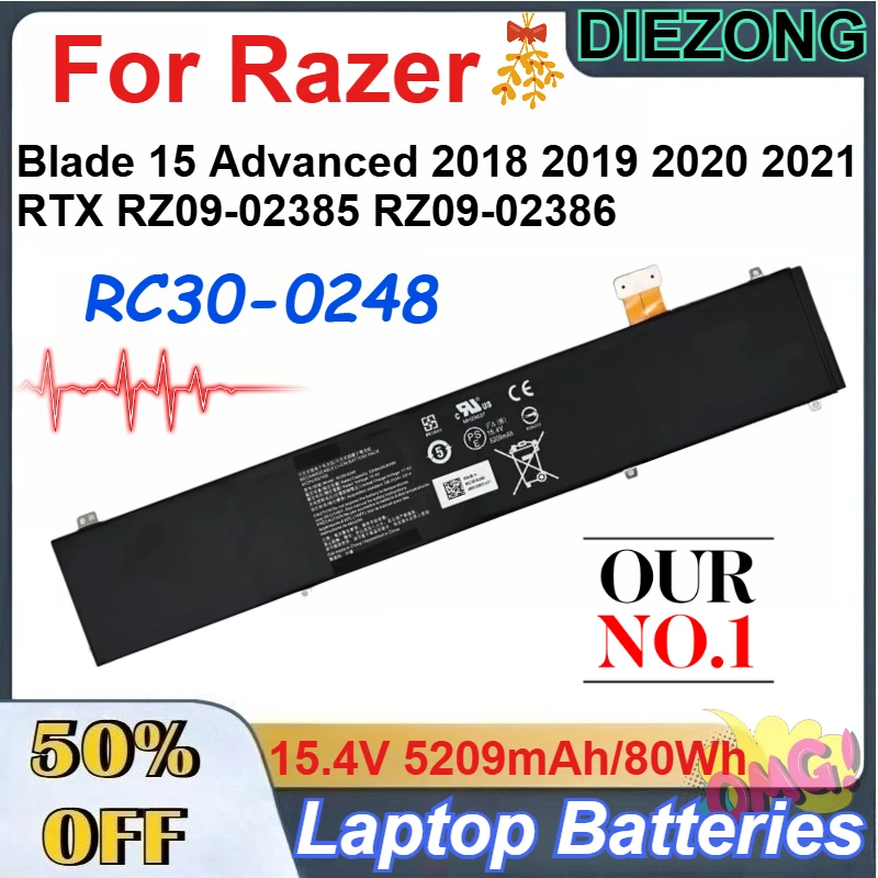 15.4V 5209mAh/80Wh RC30-0248 Laptop Batteries for Razer Blade 15 Advanced 2018 2019 2020 2021 RTX RZ09-02385 RZ09-02386