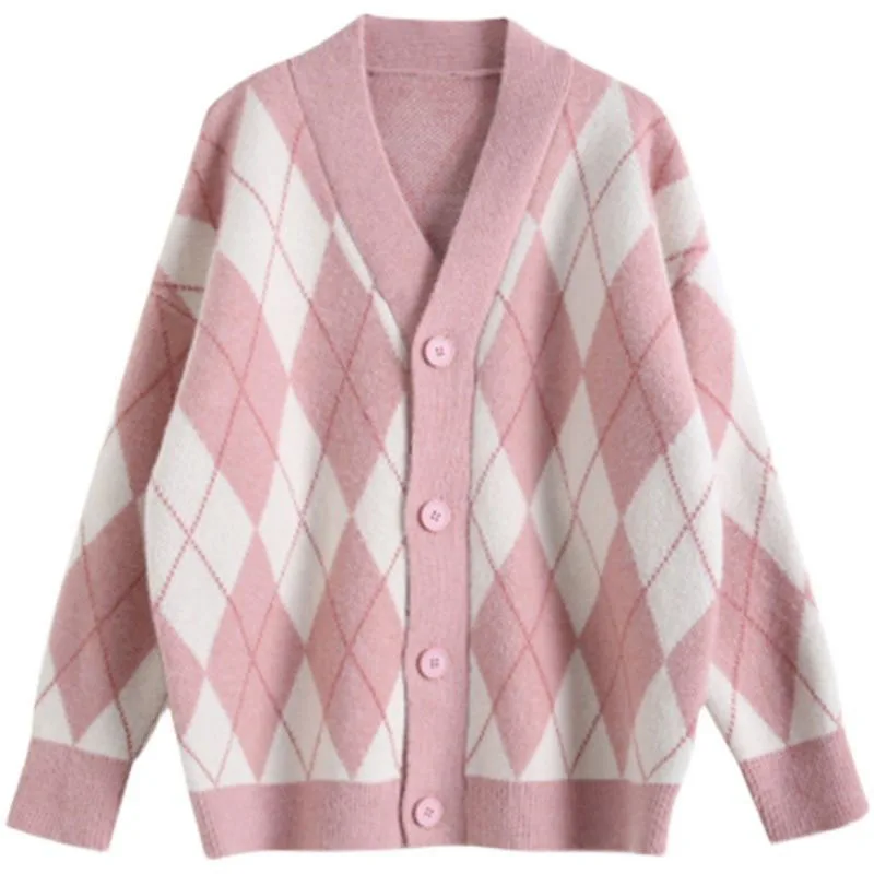 Korean Style Pink Cardigans for Women 2023 Autumn Winter Loose Knitted Plaid Sweater Woman Single-Breasted Long Sleeve Knitwear