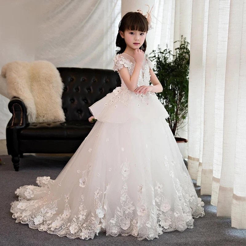 

Transparent Lace Printed Princess Flower Girl Dress Wedding Party Beauty Pageant Ball First Communion Dresses Dream Kids Gift