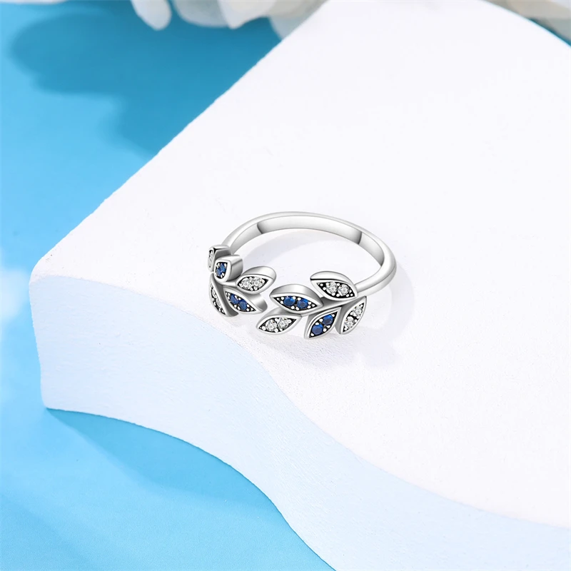 Women's 925 Sterling Silver Blue Zircon Leaves Ring