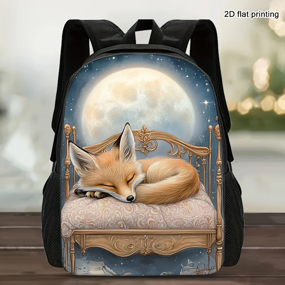 

1 stylish Sleeping Fox Moon Star Printed Large Capacity Backpack - Lightweight and Durable Polyester Material, Adjustable