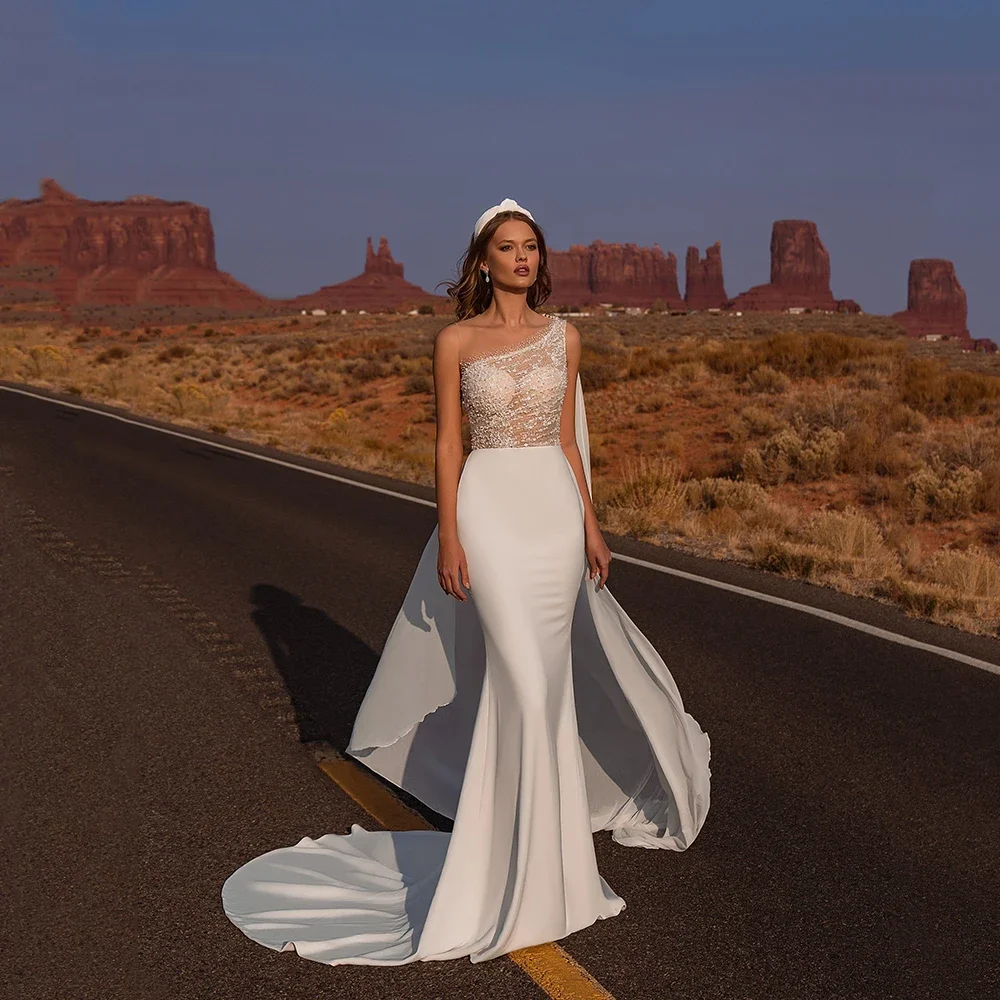 

Customized Elegant Sequins Mermaid Wedding Dress Glamorous One-shoulder Beading Jersey Sleeveless Bridal Gowns Robe De Mariée