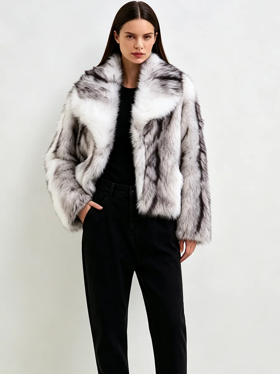 PUAL Women Gradient Faux Fur Cropped Jacket Wide Lapel Collar Fluffy Plush Coat Open Front Warm Winter Ladies Fashion Outerwear