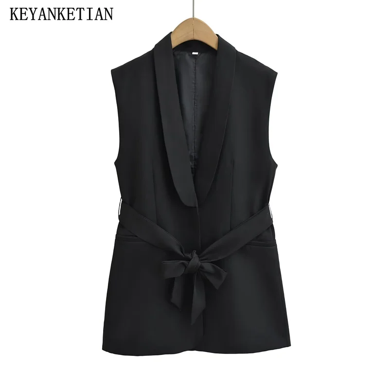 

KEYANKETIAN 2024 New Launch Women's With Belt Decoration Black Waistcoat Stylish Simply Slim Mid-length Tank Top Sleeveless Vest