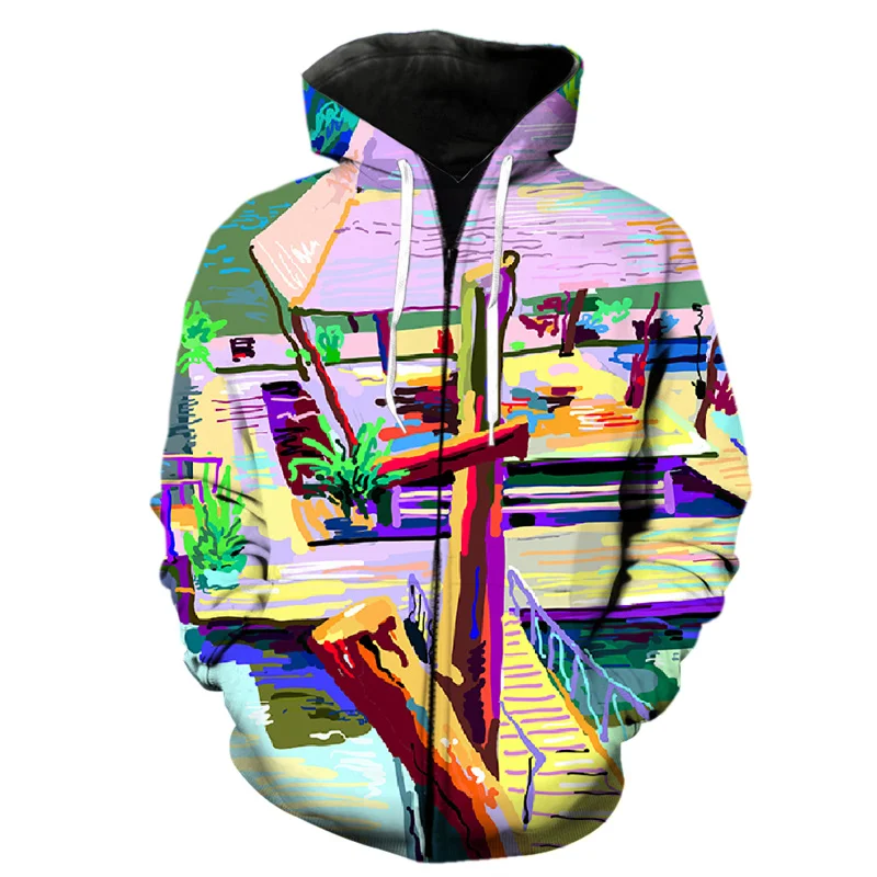 Abstract 3D Printed Art Graffiti Zipper Hoodie For Men Spring Hip Hop Teens Long Sleeve Tops Streetwear Harajuku Sweatshirts