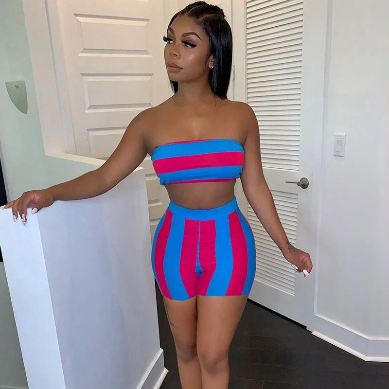 Striped Sexy 2 Piece Short Sets Womens Outfits Party Club Crop Top and Biker Shorts Set Co Ord Tracksuit Two Piece Summer Sets