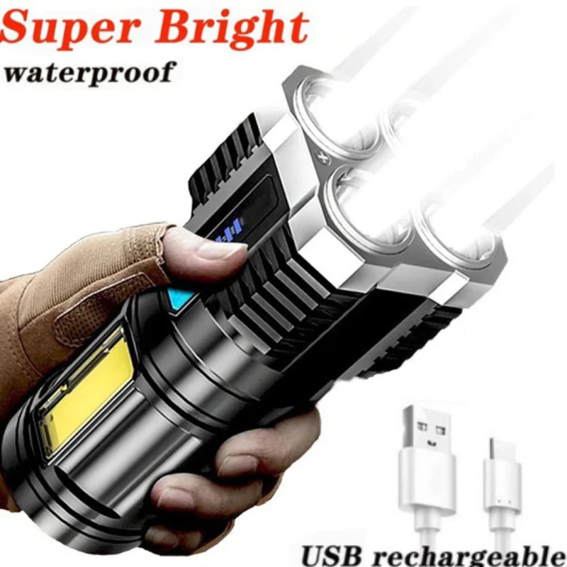 USB Rechargeable Flashlight 5LED Heads Torches Camping Light Lamp USB Rechargeable with Power Display and COB Side Floodlights